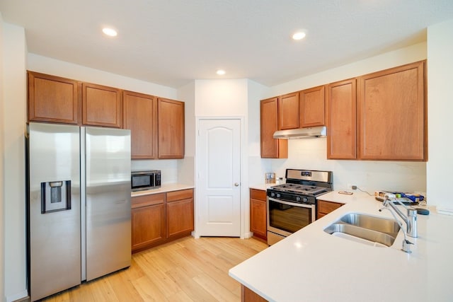 kitchen with stainless steel appliances, sink, and light hardwood / wood-style flooring