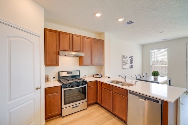 kitchen with appliances with stainless steel finishes, a textured ceiling, sink, kitchen peninsula, and light hardwood / wood-style flooring