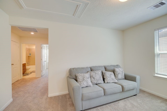 sitting room with a textured ceiling and light carpet