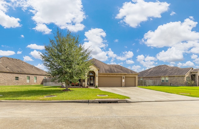 ranch-style house with a garage and a front yard