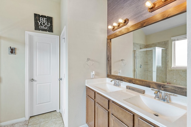 bathroom featuring vanity, tile patterned floors, and an enclosed shower