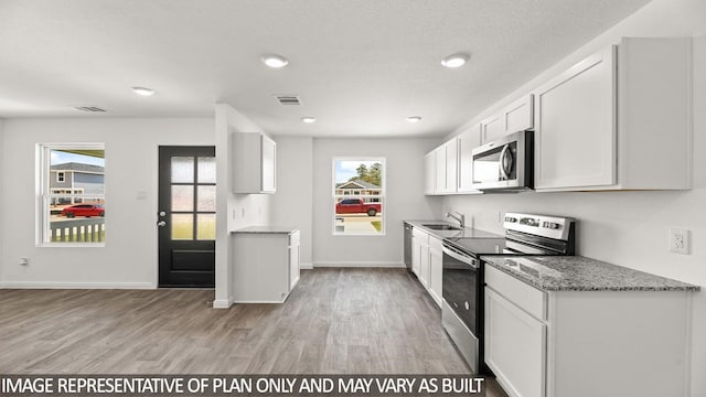 kitchen with stainless steel appliances, light hardwood / wood-style floors, white cabinets, and a healthy amount of sunlight