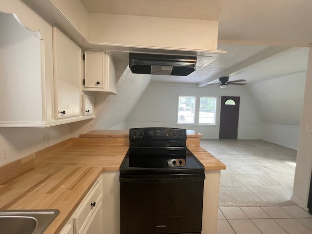 kitchen featuring black electric range, range hood, wood counters, white cabinets, and ceiling fan