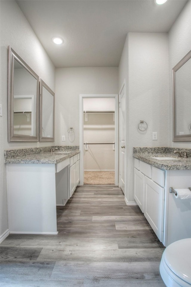 4 Big Lake Cir, Huntsville, TX 77320 - bathroom with wood finished floors, two vanities, a spacious closet, recessed lighting, and toilet
