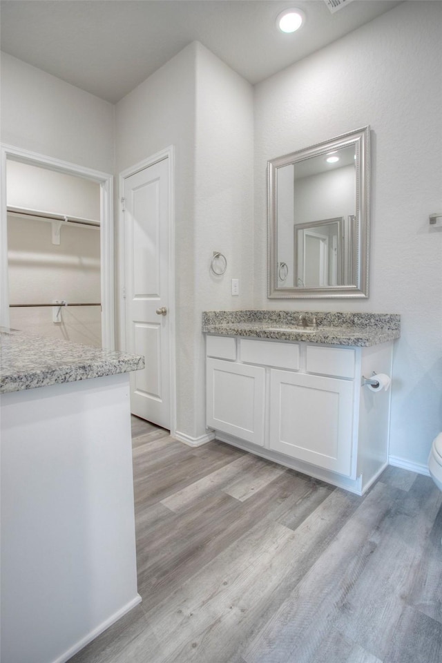 bathroom with vanity, toilet, and wood-type flooring