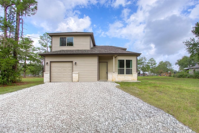 4 Big Lake Cir, Huntsville, TX 77320 - view of front facade featuring gravel driveway, a front yard, an attached garage, a shingled roof, and stone siding