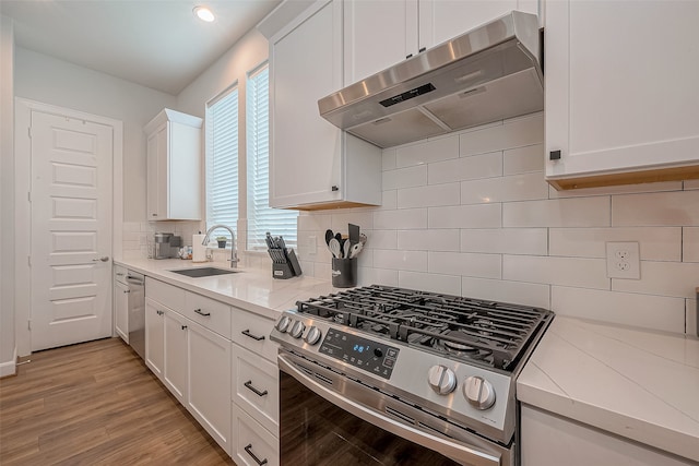 kitchen with ventilation hood, stainless steel appliances, light wood-type flooring, white cabinetry, and sink