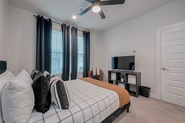 carpeted bedroom featuring ceiling fan