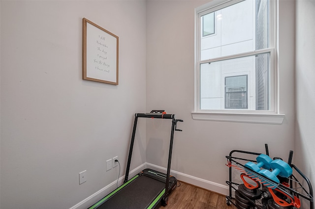 exercise room with hardwood / wood-style flooring