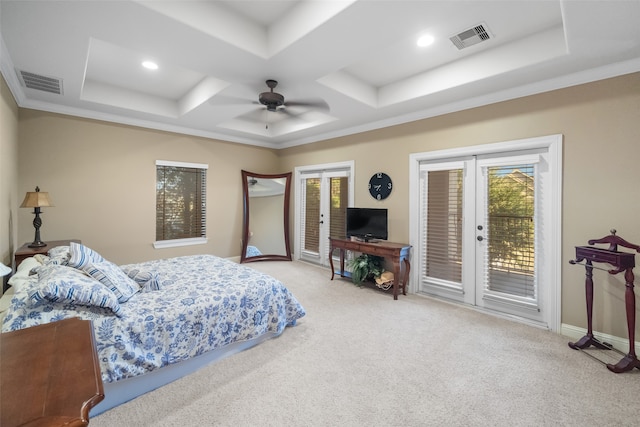 bedroom featuring carpet, multiple windows, access to outside, and ceiling fan