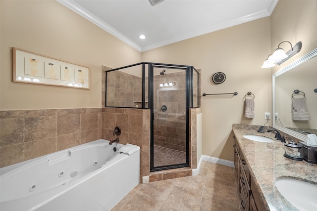 bathroom with tile patterned floors, vanity, separate shower and tub, and ornamental molding