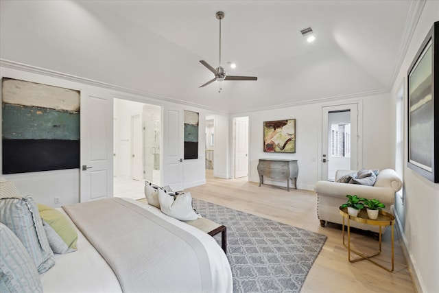 bedroom with lofted ceiling, crown molding, ceiling fan, and light hardwood / wood-style flooring