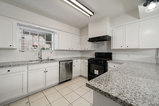 kitchen with stainless steel dishwasher, gas stove, sink, exhaust hood, and white cabinetry