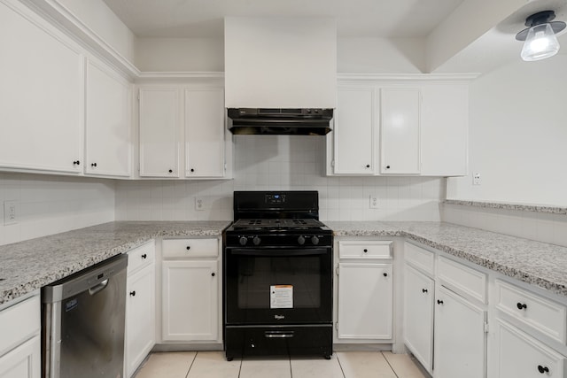 kitchen with dishwasher, light tile patterned flooring, white cabinetry, and black gas range oven