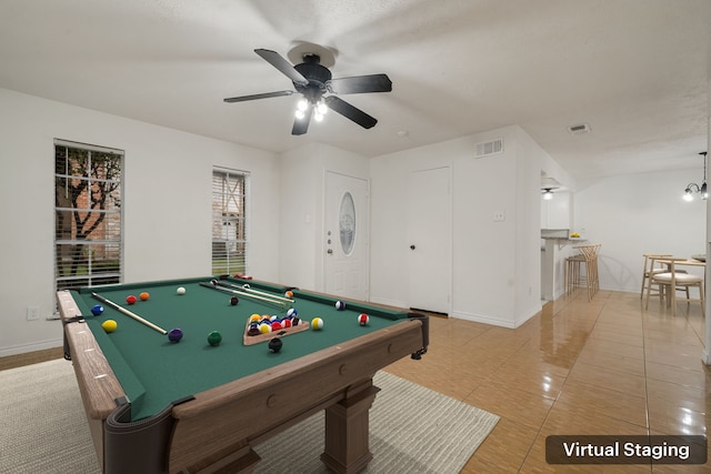 rec room featuring ceiling fan, tile patterned flooring, and pool table