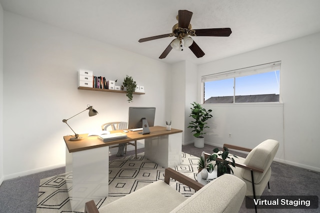 carpeted home office with ceiling fan