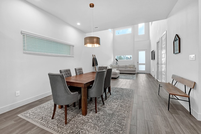 dining room featuring wood-type flooring and a high ceiling