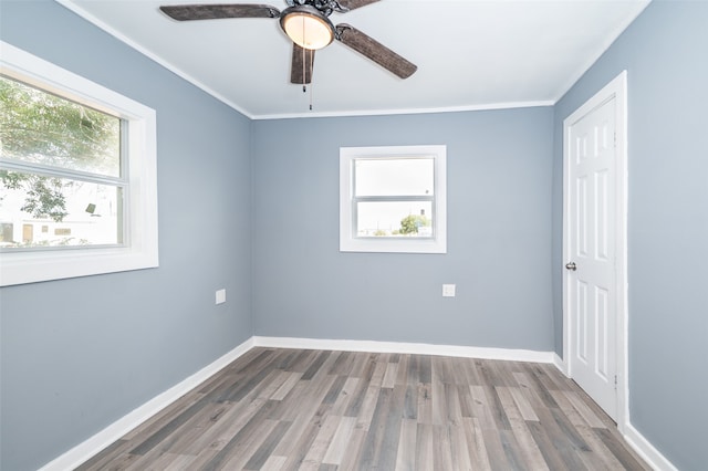 spare room featuring hardwood / wood-style flooring, ceiling fan, and crown molding