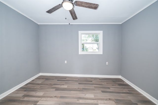 unfurnished room featuring wood-type flooring, ceiling fan, and crown molding