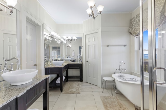 bathroom with shower with separate bathtub, vanity, tile patterned floors, and ornamental molding