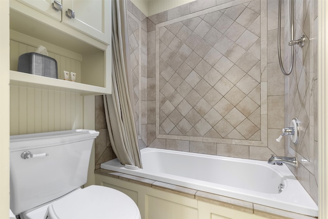 bathroom featuring toilet and shower / bathtub combination with curtain