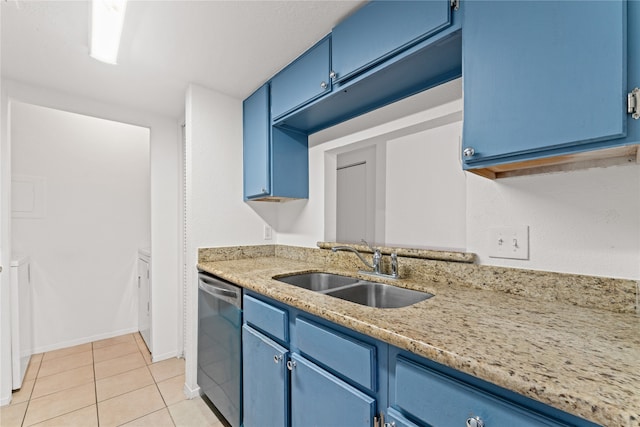 kitchen with sink, light stone countertops, light tile patterned floors, blue cabinetry, and dishwasher