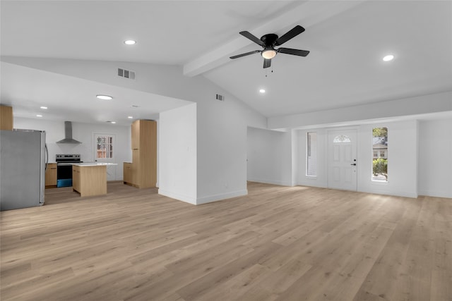 unfurnished living room featuring light wood-type flooring, lofted ceiling with beams, and ceiling fan