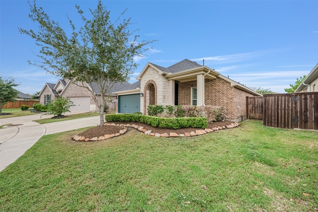 ranch-style home with a garage and a front lawn