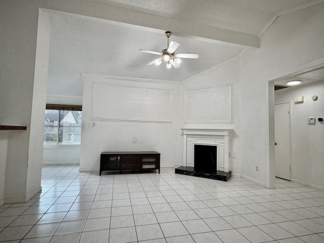 unfurnished living room with ceiling fan, a textured ceiling, light tile patterned floors, vaulted ceiling with beams, and crown molding