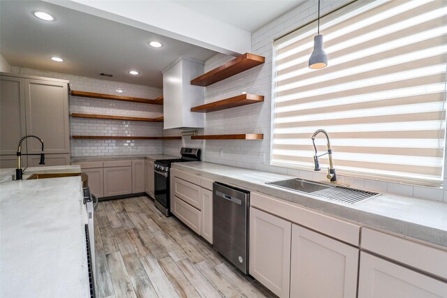 4508 Clover St, Houston, TX 77051 - kitchen featuring stainless steel appliances, open shelves, a sink, light countertops, and backsplash