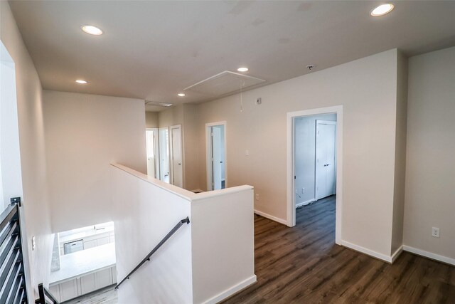 4508 Clover St, Houston, TX 77051 - corridor featuring attic access, an upstairs landing, dark wood finished floors, recessed lighting, and baseboards