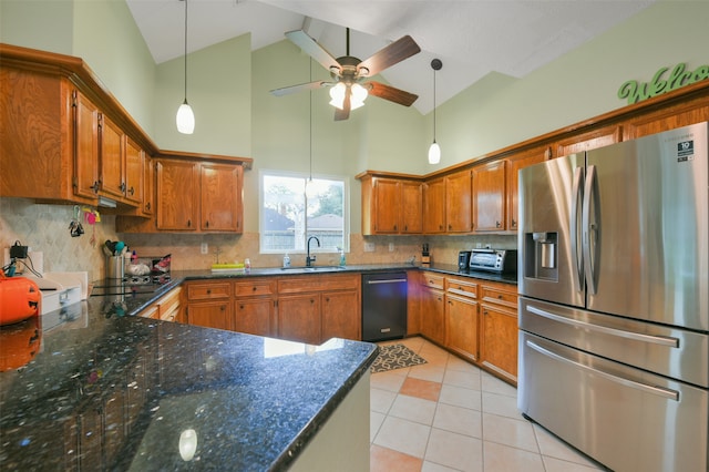 kitchen with sink, tasteful backsplash, high vaulted ceiling, kitchen peninsula, and black appliances