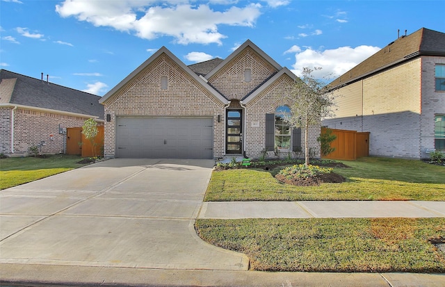 view of front of property with a front yard and a garage