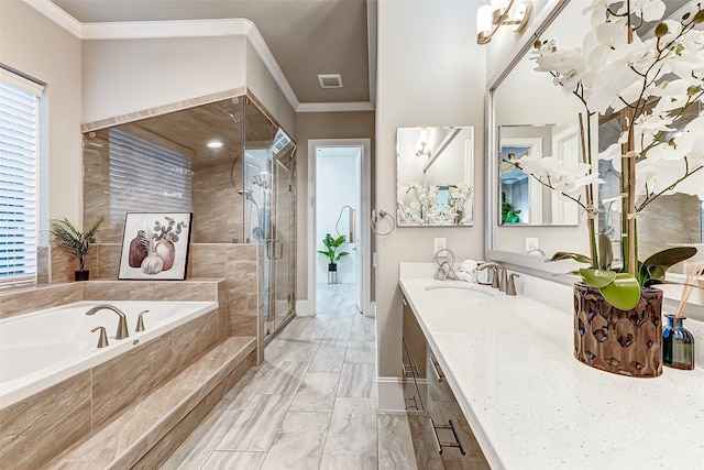 bathroom featuring independent shower and bath, vanity, and ornamental molding