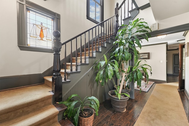 stairway with hardwood / wood-style floors