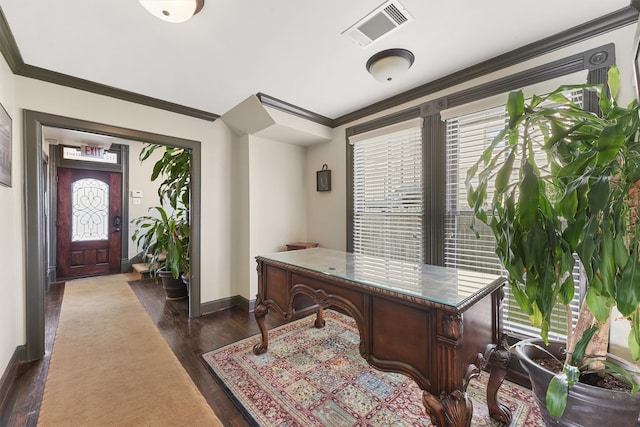 office space featuring dark wood-type flooring and crown molding