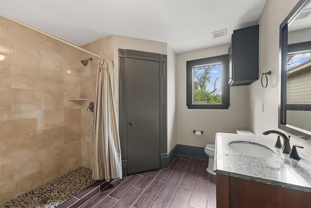 bathroom featuring toilet, vanity, and a shower with shower curtain