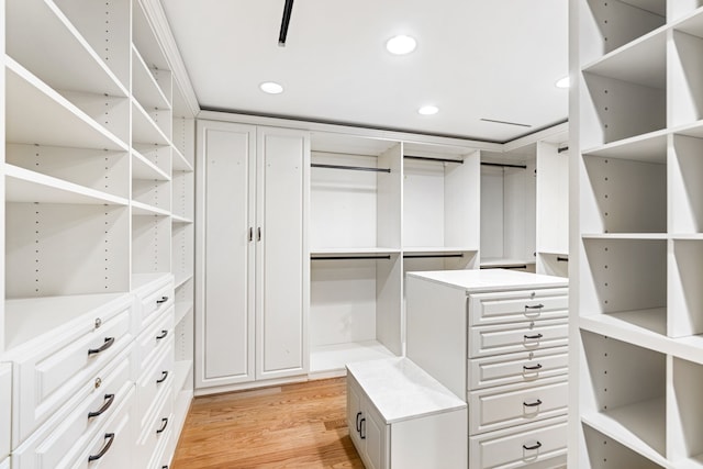 walk in closet with light hardwood / wood-style flooring