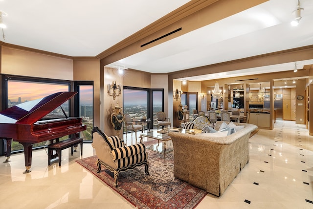 tiled living room featuring a chandelier and crown molding