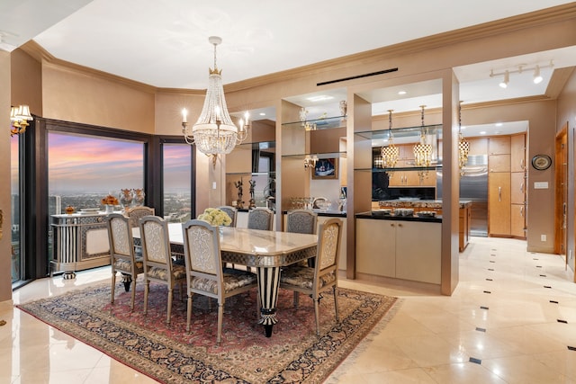 tiled dining space with ornamental molding and an inviting chandelier