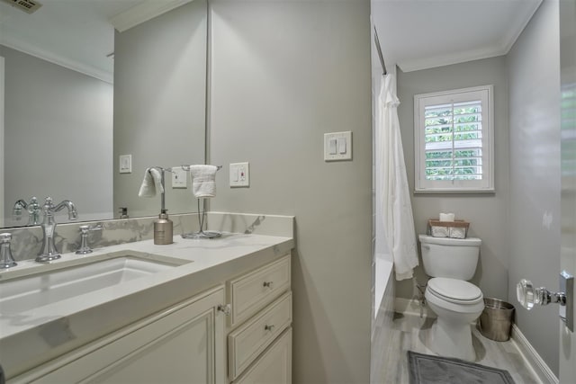 bathroom featuring toilet, visible vents, crown molding, and vanity