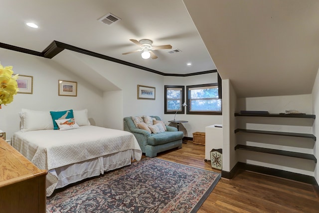 bedroom with dark hardwood / wood-style flooring, ornamental molding, and ceiling fan