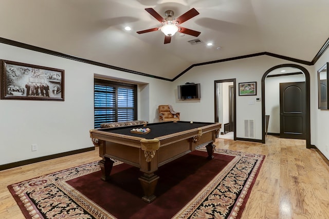 game room featuring pool table, ceiling fan, crown molding, light wood-type flooring, and vaulted ceiling