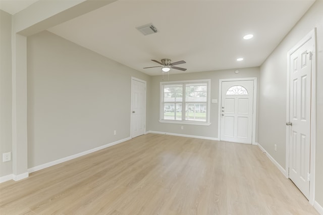 foyer entrance featuring ceiling fan and light hardwood / wood-style flooring