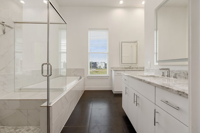 bathroom featuring separate shower and tub, tile patterned floors, and vanity