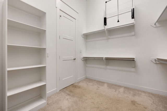 spacious closet featuring light colored carpet