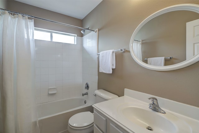 full bathroom featuring vanity, toilet, and shower / bathtub combination with curtain