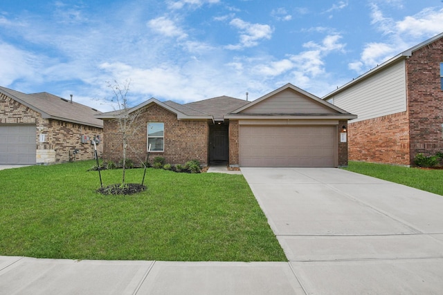 ranch-style home featuring a garage and a front lawn