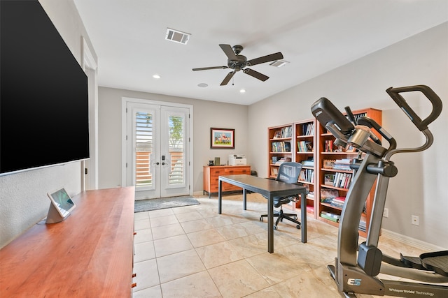 office featuring french doors, light tile patterned floors, and ceiling fan