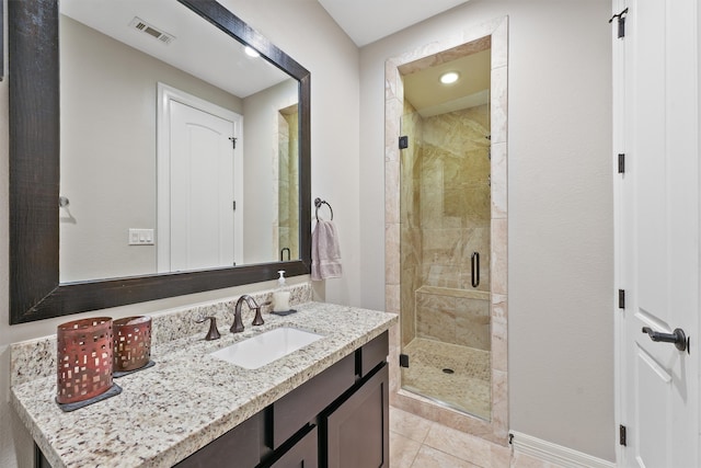 bathroom with vanity, a shower with door, and tile patterned floors